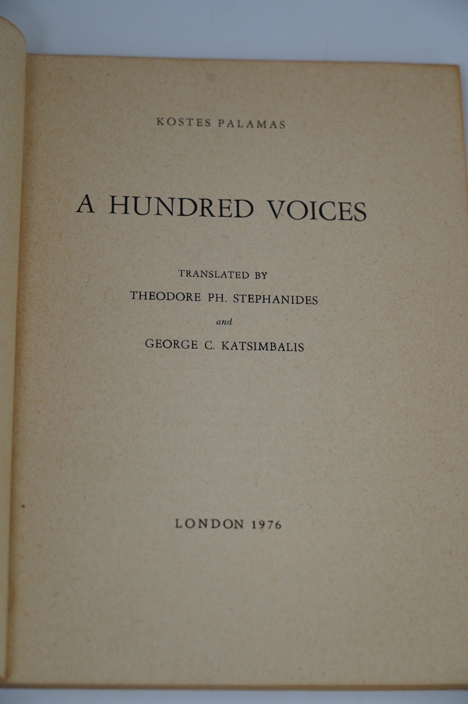Theodore Stephanides interest; a small archive of correspondence along with a signed and dedicated copy of A Hundred Voices, pub. Kostes Palamas 1976, between Stephanides and Eleanor Peters, including letters, a postcard